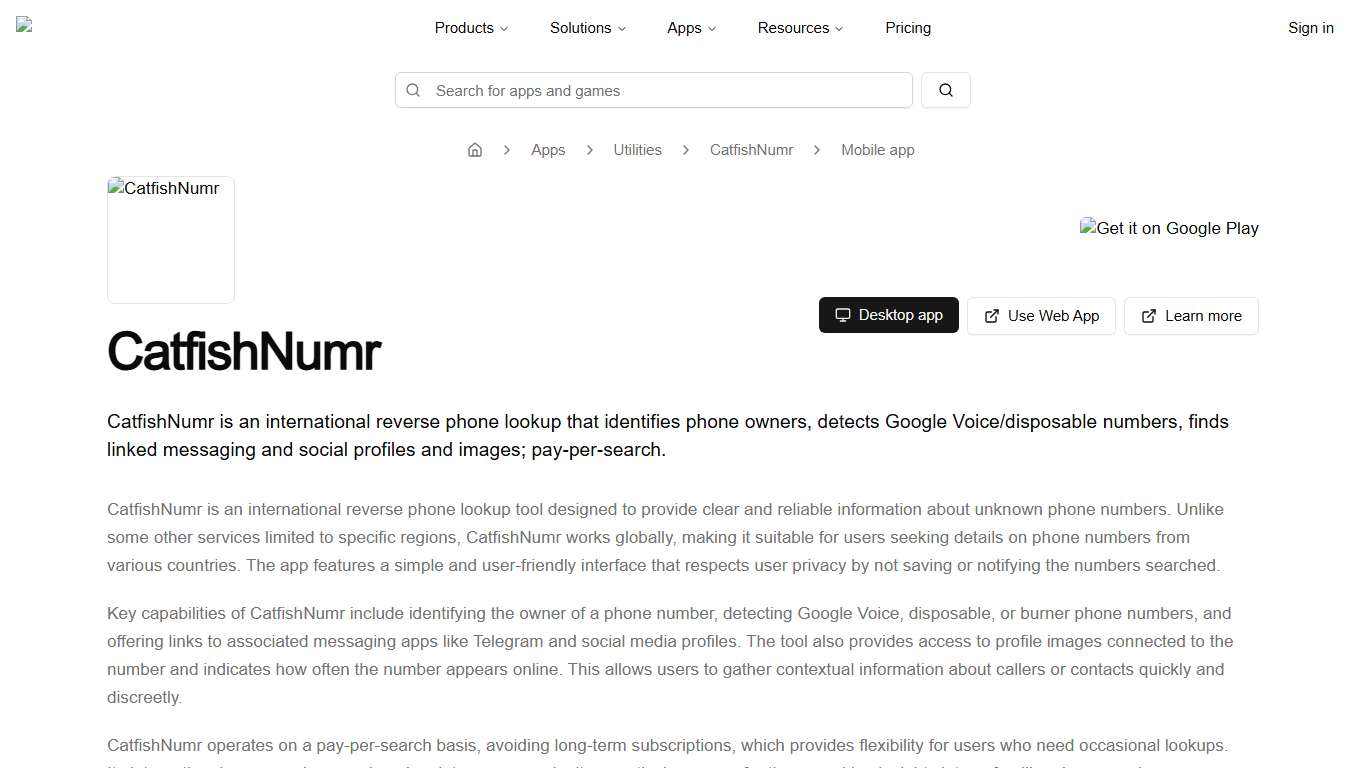 CatfishNumr - Mobile App for Android, iOS, iPadOS - WebCatalog