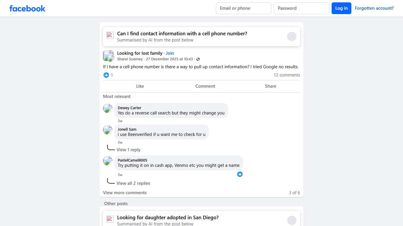 Looking for lost family If I have a cell phone number is there a way to pull up contact information Facebook